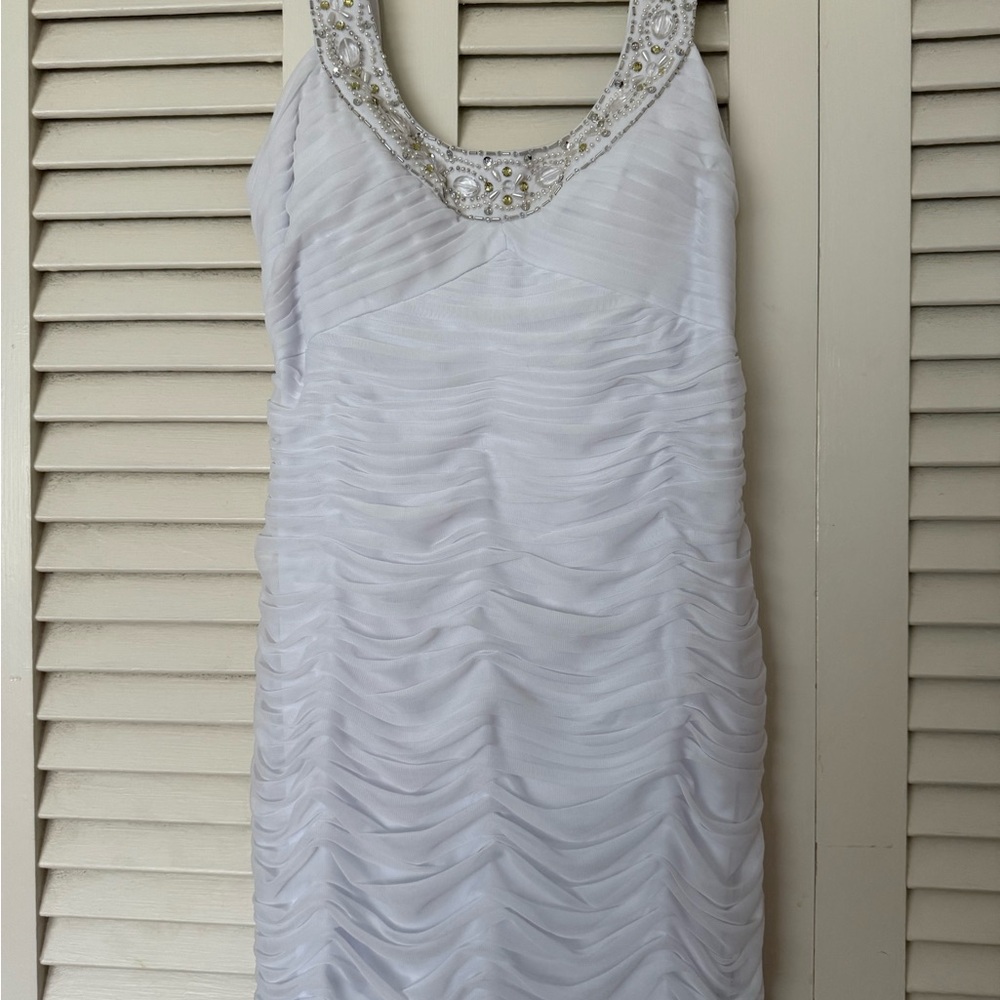 NWT db Studio Bright White Rouched Sleeveless Dress with Embellished Neckline